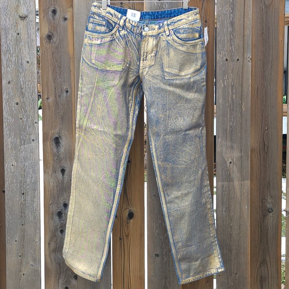 MONKL Gold Wash Denim Jeans Size 29 BNWT Metallic Jeans Distressed Organic Cotto